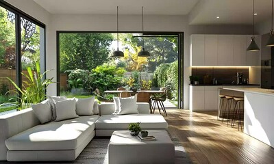 Modern Home Interior Design with Seamless Indoor-Outdoor Living Space Visualization