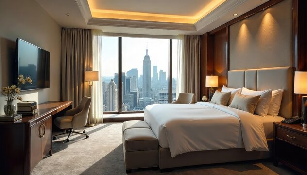 Luxurious hotel suite featuring a king-size bed, plush bedding, and a stunning city view from the large window Enjoy the ultimate in comfort and elegance , tranquility, hotel, curtains