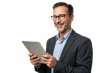 Smiling businessman in glasses holding a tablet computer isolated on transparent background