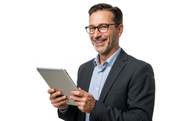 Smiling businessman in glasses holding a tablet computer isolated on transparent background
