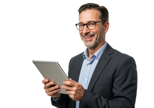 Smiling businessman in glasses holding a tablet computer isolated on transparent background