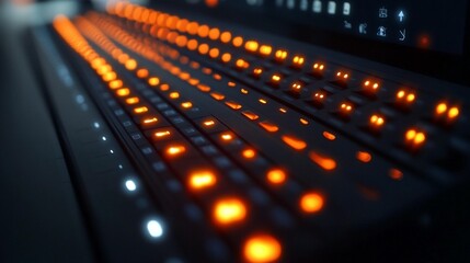 Close-up of a professional audio mixing console with illuminated control knobs and faders