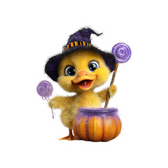 Fototapeta premium Adorable Duckling Witch with Candy and Cauldron for Halloween