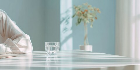 Modern Minimalist Workspace with Glass of Water and Natural Light Premium Authentic Office Lifestyle Content for Calm Professional Marketing
