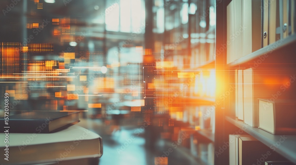 Aufkleber data visualization on bookshelves: abstract knowledge and information concept