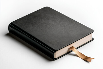 Organized planning black hardcover planner with ribbon bookmark home office stationery photography minimalist setup top-down view productivity concept