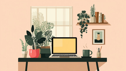 Cozy Remote Workstation with Laptop and Plants
