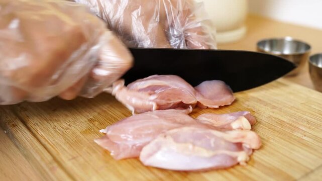 Slicing a breast chicken fillet using a knife on the wooden cutting board