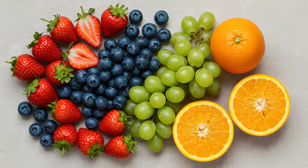 Top View of Fresh Colorful Fruits Arranged on Natural Linen Fabric