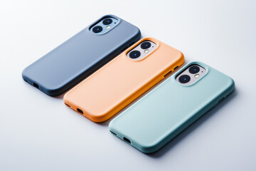Vibrant silicone phone cases in matte finish modern studio product showcase minimalist design eye-level view stylish accessories