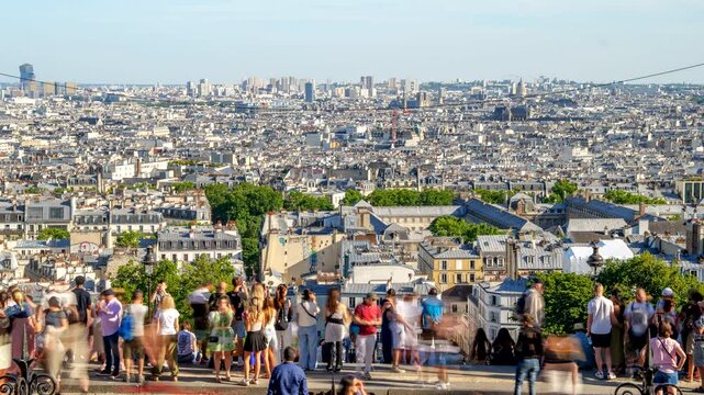 Timelapse of Tourists at Montmartre Hill Overlooking Paris, France on a Sunny Day
