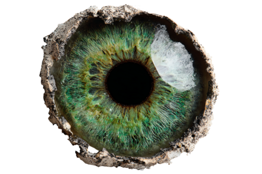 3D Render a close up of a green eye with a hole in it
