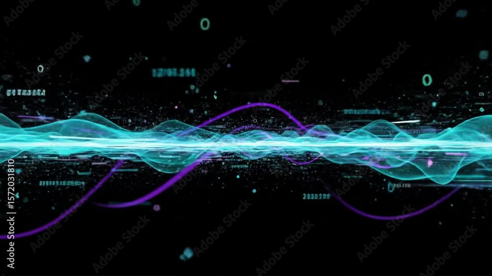 Poster abstract visualization of data waves with glowing lines and floating particles on a black background