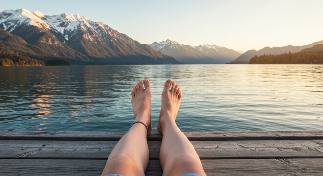 Bare feet on a wooden dock overlooking a lake