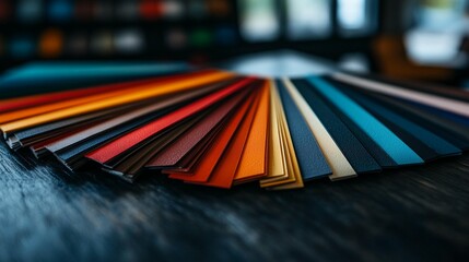 Colorful swatches of materials arranged in a fan shape on a dark wooden surface.  Variety of shades from vibrant to muted tones