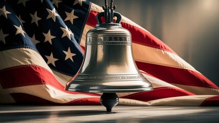 liberty bell, Liberty Bell replica with American flag backdrop, symbol of freedom and independence
