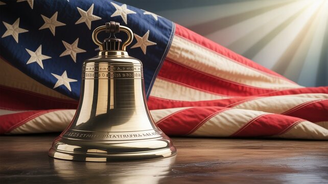 liberty bell, Liberty Bell replica with American flag backdrop on a wooden surface