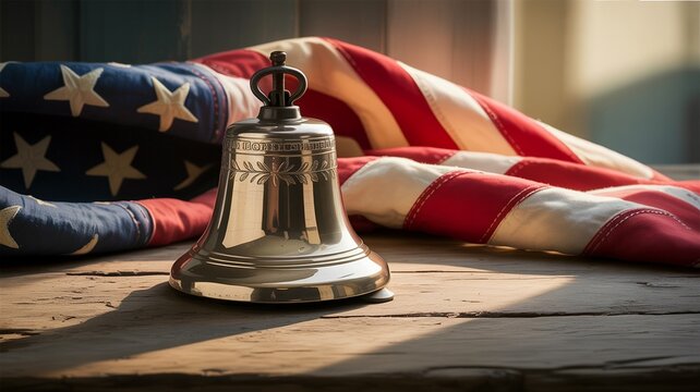liberty bell, Liberty Bell replica with American flag backdrop on rustic wooden surface