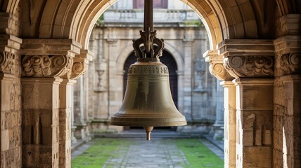 Fototapeta premium liberty bell, Ancient Bronze Bell Hanging in Stone Archway Courtyard