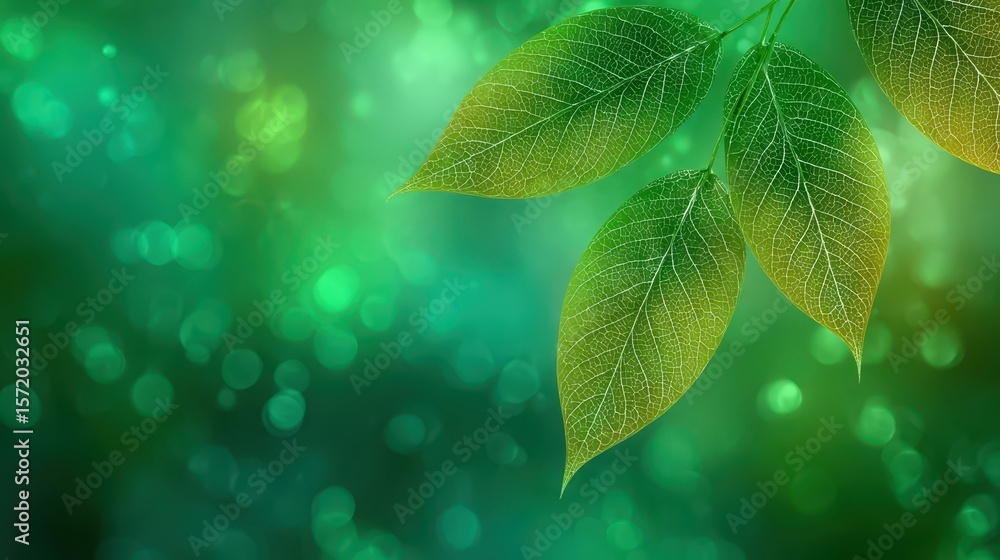 Poster bright yet calming green gradient with light bokeh shimmer, featuring elegant leaf patterns in the b