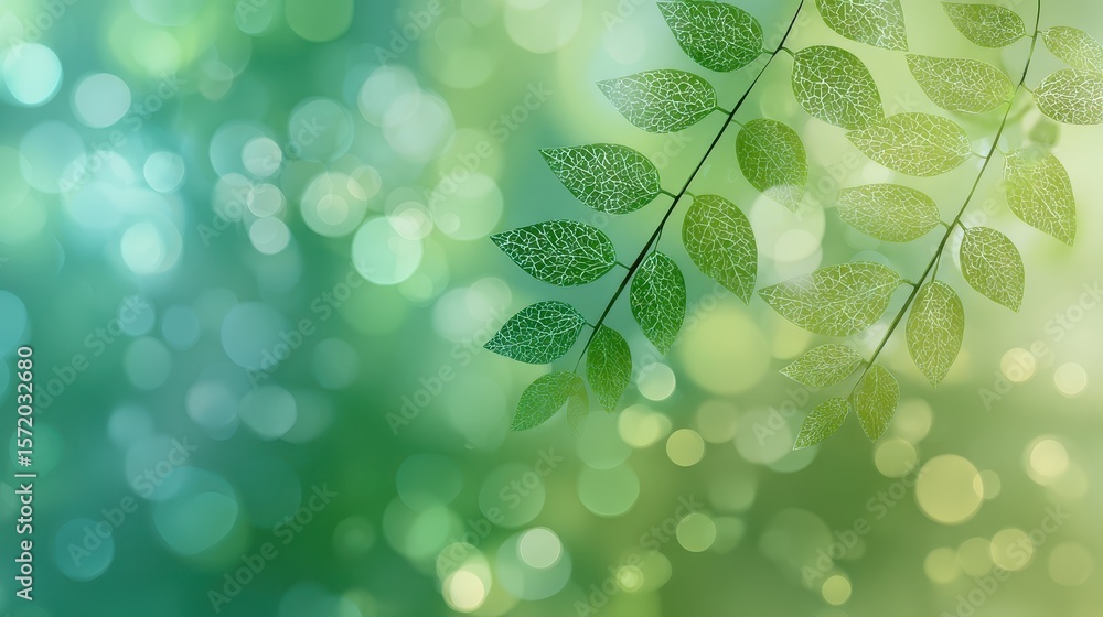 Poster bright yet calming green gradient with light bokeh shimmer, featuring elegant leaf patterns in the b