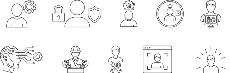 User Management, Profile Security, Skill Development, Technical Identity, AI Thinking – Vector Line Icons Set for HR & Tech UI