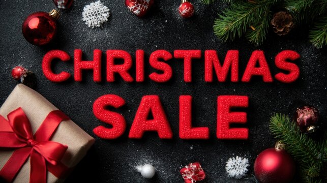 Festive Christmas sale advertisement with red text, pine branches, ornaments, and a gift box on a dark background.