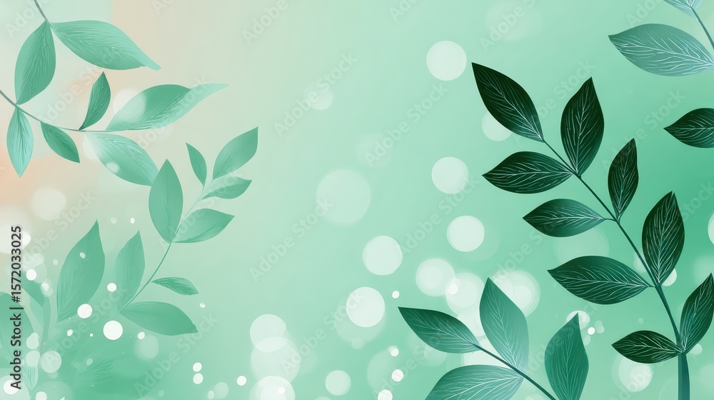 Aufkleber light green gradient background with natural motifs, calming bokeh lighting and delicate leaf patter