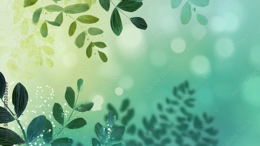 Aufkleber light green gradient background with natural motifs, calming bokeh lighting and delicate leaf patter