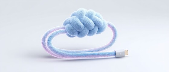 Braided USB C cable with gradient colors tied in a knot clean white background