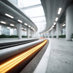 Fototapeta premium Futuristic transport system with glowing orange energy lines on tracks