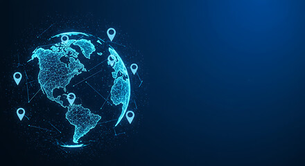 Creative Visualization of Global Connectivity Through a Wireframe Globe Surrounded by Polygonal Dotted Lines and Location Pins on a Dark Blue Background
