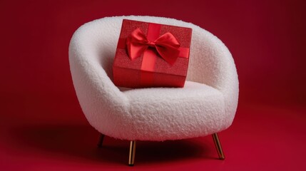 A red gift box with a ribbon sits on a white, fluffy chair against a rich red background, creating a festive and elegant scene.