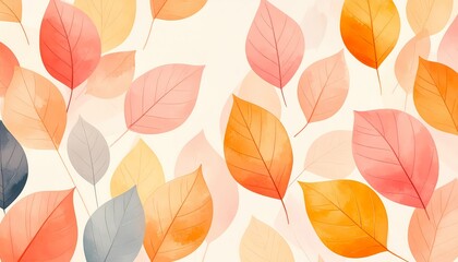 Obraz premium Watercolor Autumn Leaves Pattern: Pastel Hues, Delicate Veins, Artistic Design. Thanksgiving aesthetic background. Thanksgiving background image. Autumn leaves background aesthetic.