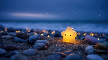 Star-shaped light on a beach at twilight