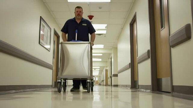 Man pushing cleaning cart in hospital corridor