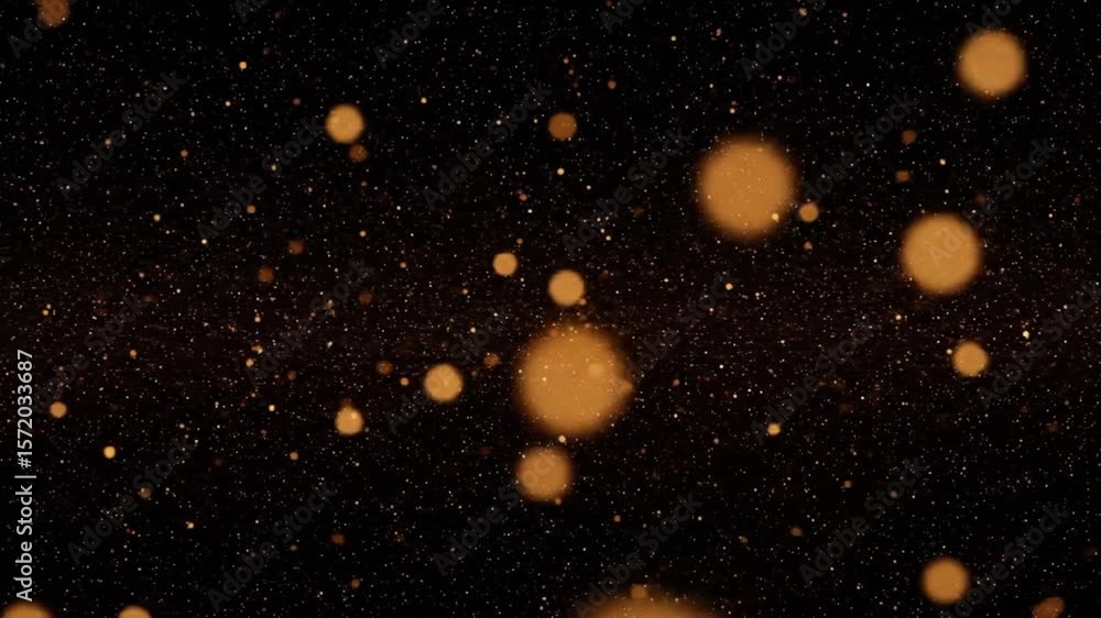 Poster a dark background filled with many small white dots and several larger orange circular shapes scatte