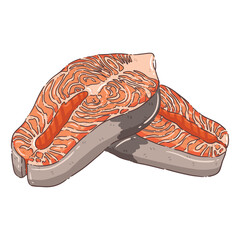 Fresh Salmon Steaks Illustration, A vibrant and appealing illustration depicting two thick, raw salmon steaks. The rich orange-pink flesh is clearly visible