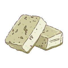 Fresh Tofu Blocks Illustration, A clean and simple illustration depicting two blocks of fresh tofu. The pale, off-white to light green hue suggests either plain or possibly a specialized type of tofu 