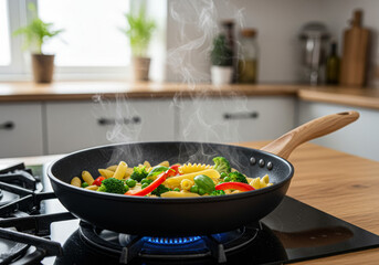 Pasta and Vegetables Cooking in a Pan on a Stove