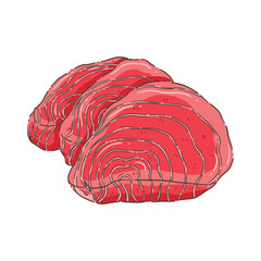 A vibrant and fresh illustration depicting two thick, raw tuna steaks. The deep red flesh is clearly visible, showing the characteristic striations that indicate its quality and lean texture