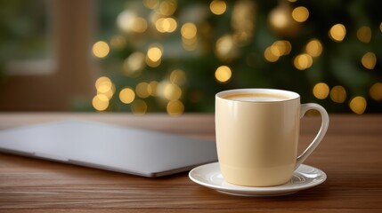 A warm cup of coffee on a saucer sits on a wooden table with a blurred Christmas tree and lights in the background, beside a closed laptop.