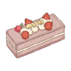A charming and appetizing illustration of a rectangular cake, likely a strawberry-flavored delight, featuring layers of pink frosting and creamy white filling