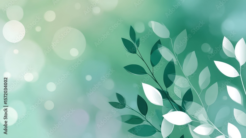 Poster soothing green gradient with soft bokeh circles and light leaf shadows, creating a clean and serene 