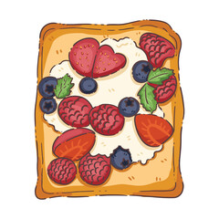 A vibrant and delightful top-down illustration of a golden-brown slice of toast generously spread with white cream and topped with a colorful assortment of fresh berries. Strawberries, raspberries