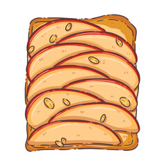A refreshing and wholesome top-down illustration of a golden-brown slice of toast topped with overlapping slices of crisp, light-colored apple. The arrangement showcases the fruit's texture and shape