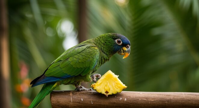 A green parrot with a blue head perches on a branch eating pineapple