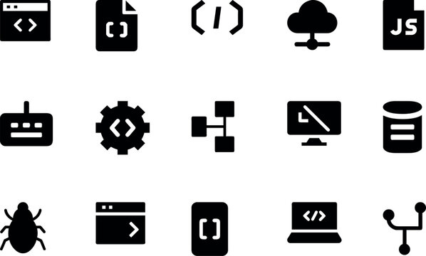 Coding & Software Silhouette Icon Bundle &ndash; Laptop with Code, Terminal Window, HTML Brackets, Gear with Code, Cloud Server, Bug Icon, Git Branch & More Dev Icons
