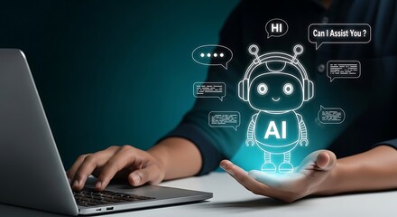 AI Chatbot Hologram Communication Concept. Digital AI Chat Bot Interface with Speech Bubbles ,Virtual Robot Chatbot with Text Message Icons,AI Support Bot Holographic Display Technologym,