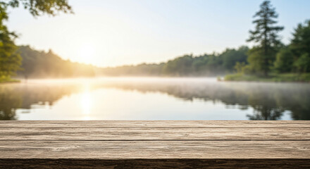 Serene Lake at Sunrise A Wooden Table Perspective